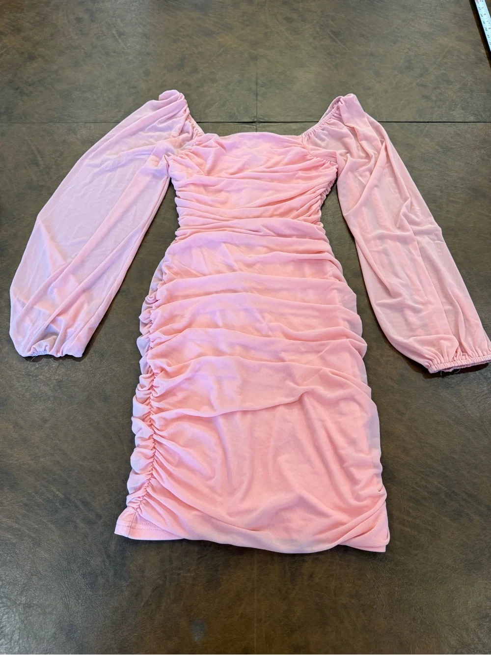 Pink Ruched Dress with Long Sheer Sleeve - Women’s Size Small Bodycon